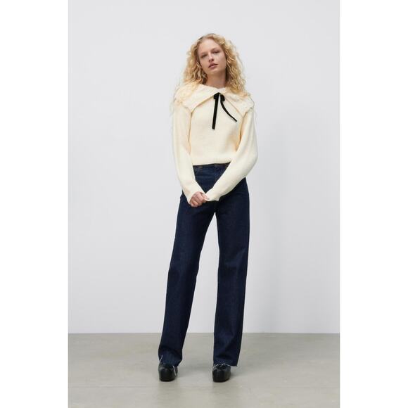 ZARA Ruffled Cable Knit Sweater Ecru with Pearls and Bow Size Small 4331/003 - Picture 14 of 16